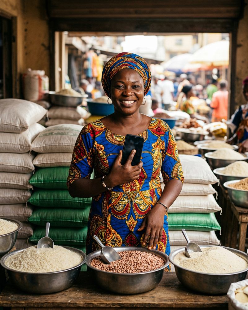 A smiling woman holding her phone in her foodstuff shop, with bags of rice and basins of beans and garri